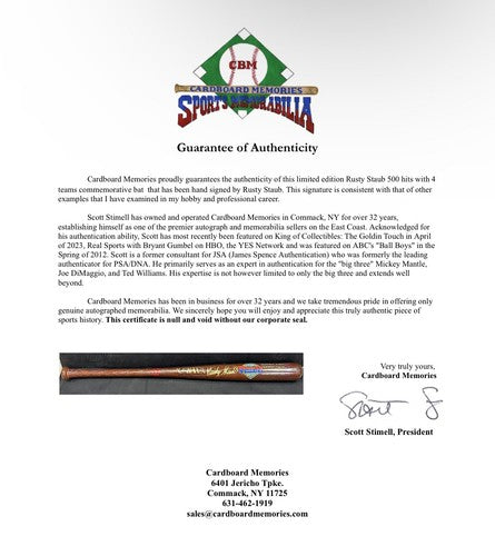 Rusty Staub Signed 500 Hits 4 Teams LE Cooperstown Bat Autograph Mets Astros COA