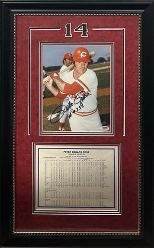 Pete Rose Signed 8x10 Framed Photo Suede Reds #4256 Auto w Stat Sheet PSA COA