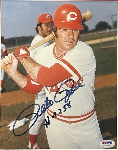 Pete Rose Signed 8x10 Framed Photo Suede Reds #4256 Auto w Stat Sheet PSA COA