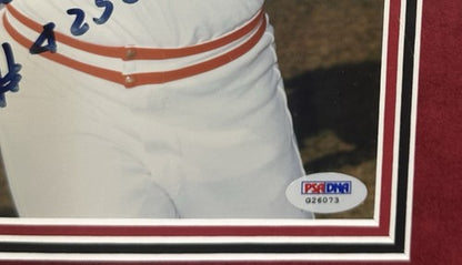 Pete Rose Signed 8x10 Framed Photo Suede Reds #4256 Auto w Stat Sheet PSA COA