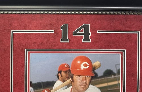 Pete Rose Signed 8x10 Framed Photo Suede Reds #4256 Auto w Stat Sheet PSA COA