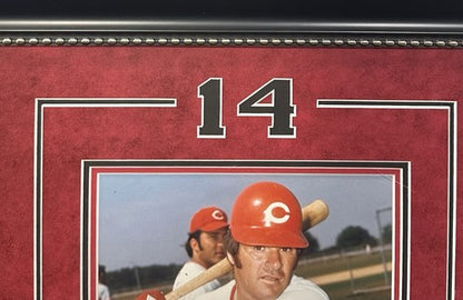 Pete Rose Signed 8x10 Framed Photo Suede Reds #4256 Auto w Stat Sheet PSA COA