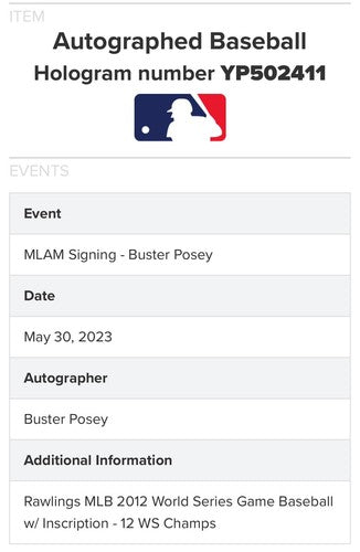 Buster Posey Signed Official 2012 World Series Baseball Giants WS Auto MLB COA