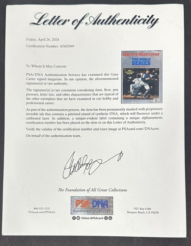 Gary Carter Signed METS 1986 WORLD SERIES SI No Label Full Magazine Auto PSA LOA
