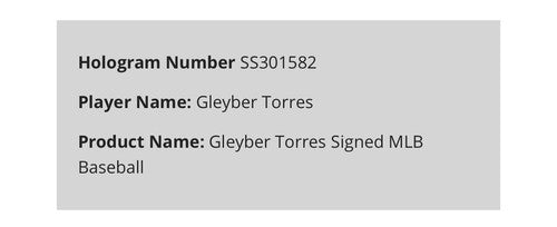 Gleyber Torres Signed Official MLB Baseball Yankees Tigers Autograph Steiner COA