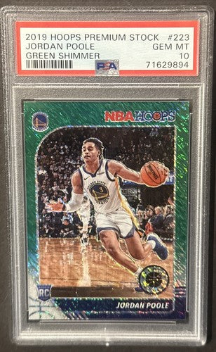 2019 Hoops Premium Stock Green Shimmer Jordan Poole #223 Rookie PSA 10 Gem Mint