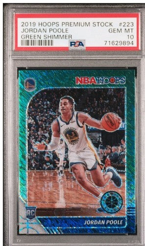 2019 Hoops Premium Stock Green Shimmer Jordan Poole #223 Rookie PSA 10 Gem Mint