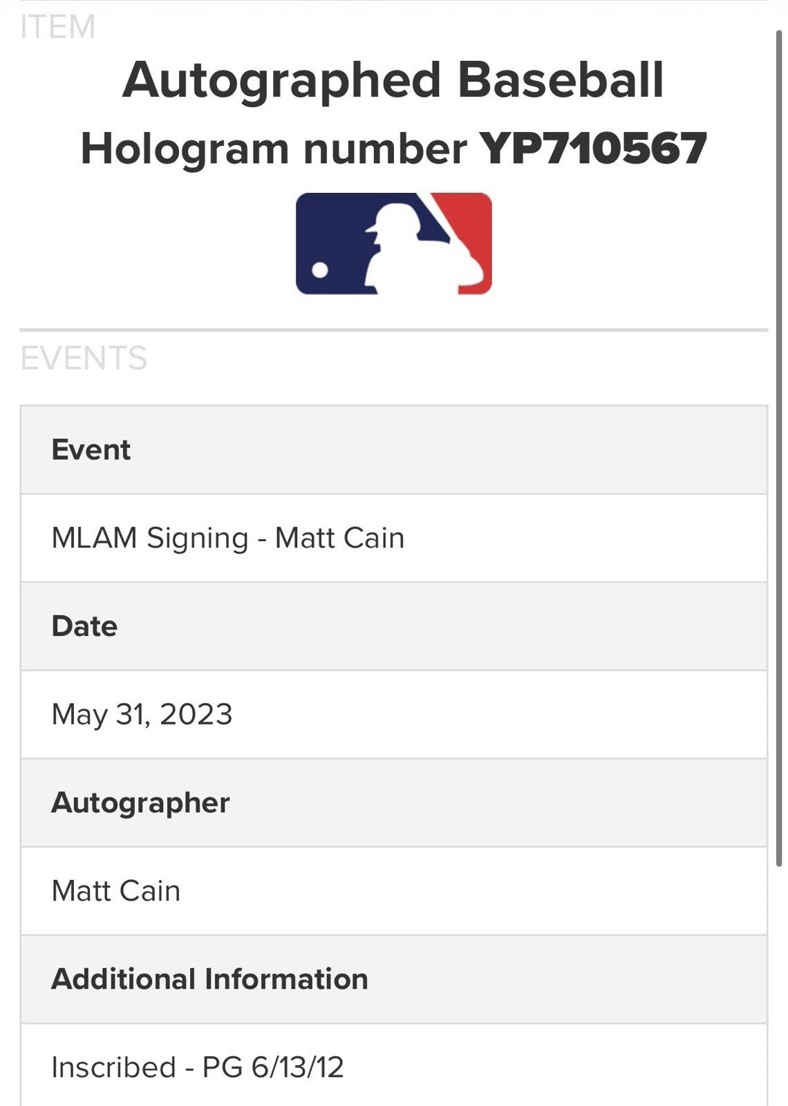 Matt Cain SIGNED Official Baseball Pg 6/13/12 Auto Perfect Game Giants MLB Holo