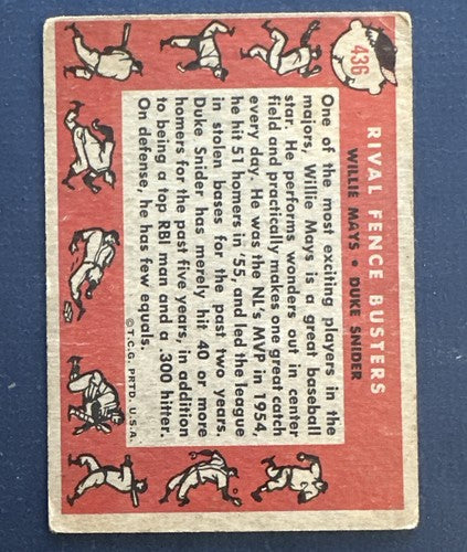 1958 Topps Willie Mays Duke Snider Rival Fence Busters #436 Ex No Creases