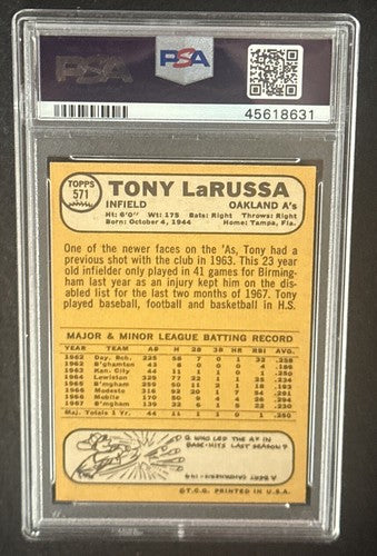 1968 Topps #571 Tony LaRussa PSA 9 MINT + Dead Centered Clean Sharp Stunning HOF