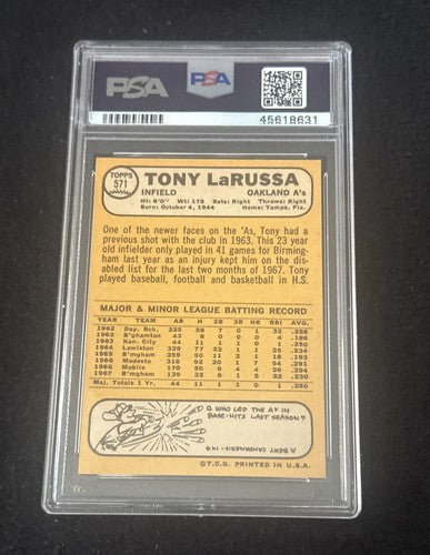 1968 Topps #571 Tony LaRussa PSA 9 MINT + Dead Centered Clean Sharp Stunning HOF