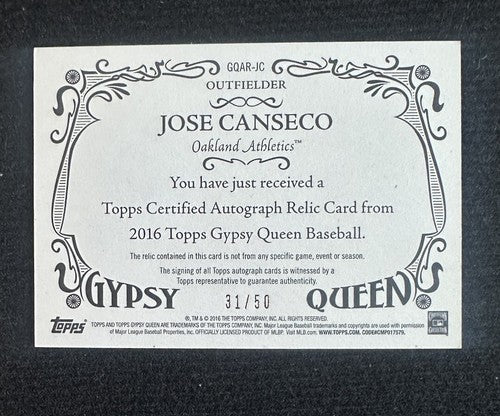 Jose Canseco 2016 Topps Gypsy Queen On Card Mint Auto Jersey Relic /50 A’s