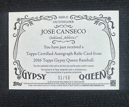 Jose Canseco 2016 Topps Gypsy Queen On Card Mint Auto Jersey Relic /50 A’s