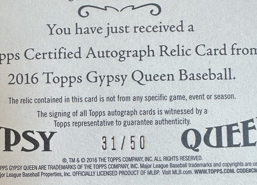 Jose Canseco 2016 Topps Gypsy Queen On Card Mint Auto Jersey Relic /50 A’s