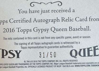 Jose Canseco 2016 Topps Gypsy Queen On Card Mint Auto Jersey Relic /50 A’s