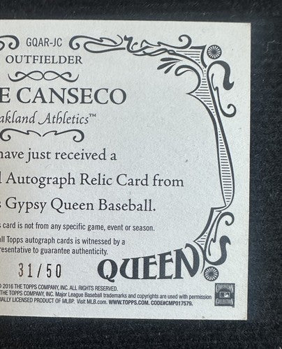 Jose Canseco 2016 Topps Gypsy Queen On Card Mint Auto Jersey Relic /50 A’s