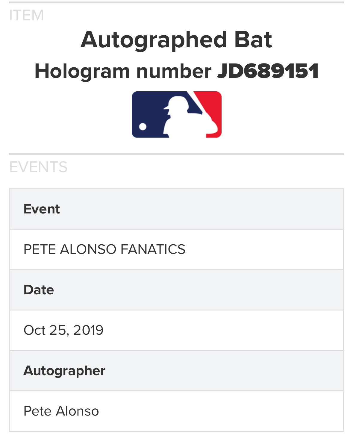 Pete Alonso Mets signed DoveTail Game Model Bat Orioles Auto  MLB Fanatics COA