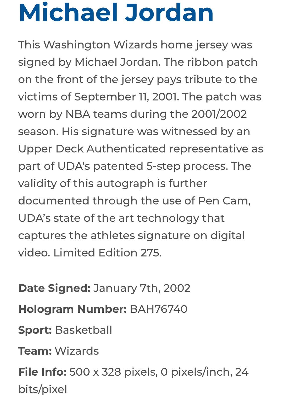 Michael Jordan Signed Framed 9/11 Patch Wizards Jersey /275 Auto UDA COA HOF