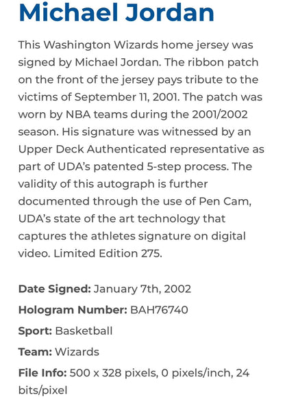 Michael Jordan Signed Framed 9/11 Patch Wizards Jersey /275 Auto UDA COA HOF