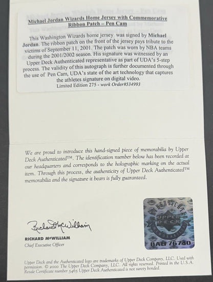 Michael Jordan Signed Framed 9/11 Patch Wizards Jersey /275 Auto UDA COA HOF