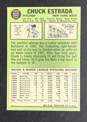 1967 Topps Set-Break High #537 Chuck Estrada Mint Beauty Ny Mets