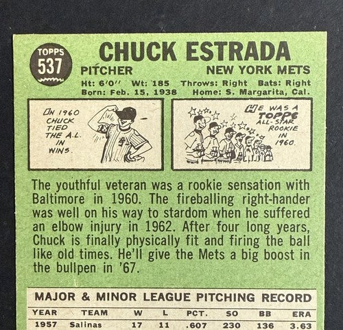 1967 Topps Set-Break High #537 Chuck Estrada Mint Beauty Ny Mets