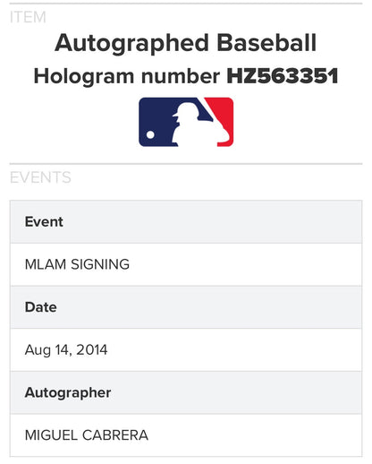 Miguel Cabrera Signed MLB Baseball Tigers Triple Crown 2012 Autograph MLB Holo