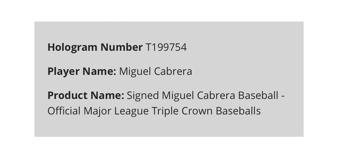 Miguel Cabrera Signed MLB Baseball Tigers Triple Crown 2012 Autograph MLB Holo