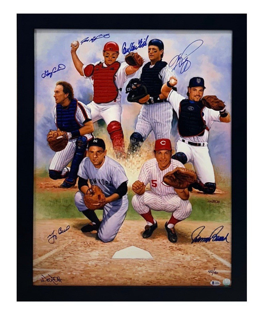 HOF Catchers Signed Doo S Oh Framed Canvas Photo Piazza Carter Bench 6 Auto BAS