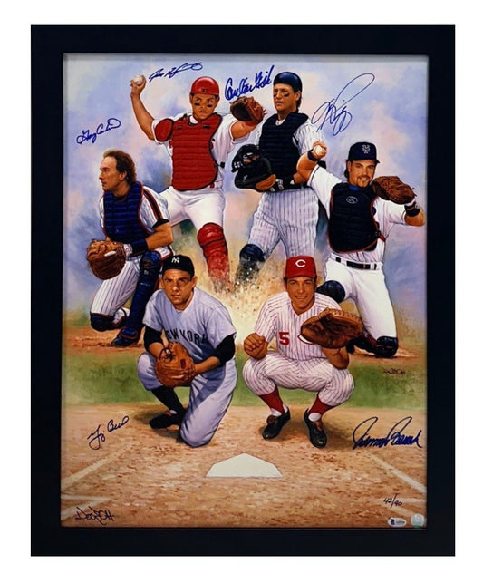 HOF Catchers Signed Doo S Oh Framed Canvas Photo Piazza Carter Bench 6 Auto BAS