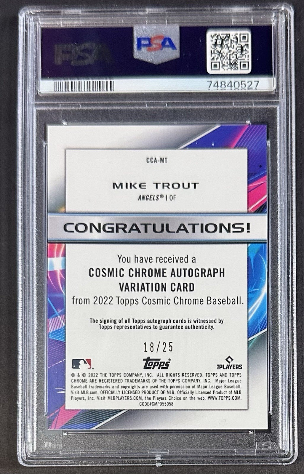 2022 Topps Cosmic Chrome Mike Trout PSA 10 Orange Galactic Refractor Auto /25
