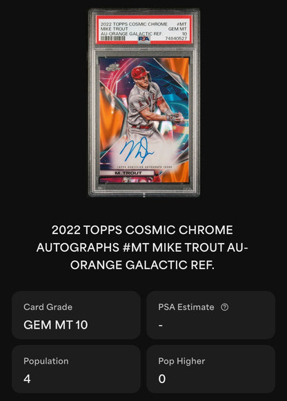 2022 Topps Cosmic Chrome Mike Trout PSA 10 Orange Galactic Refractor Auto /25