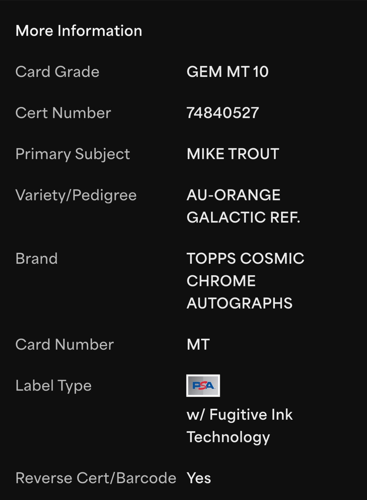 2022 Topps Cosmic Chrome Mike Trout PSA 10 Orange Galactic Refractor Auto /25