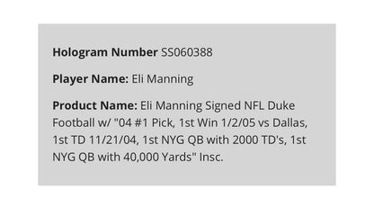 Eli Manning Signed Wilson NFL Duke Football /10 5 Stat Auto Giants Steiner COA