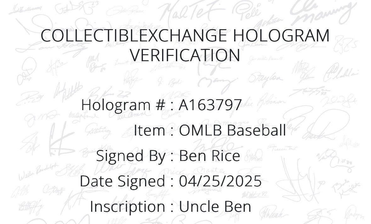 Ben Rice Signed Official MLB Baseball NY Yankees Uncle Ben Autograph Steiner COA