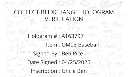 Ben Rice Signed Official MLB Baseball NY Yankees Uncle Ben Autograph Steiner COA