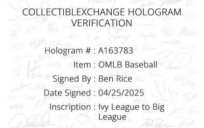 Ben Rice Signed Official MLB Baseball Yankees Ivy League Autograph Steiner COA