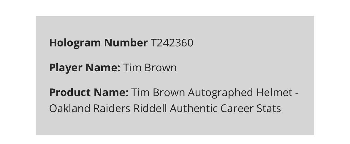 Tim Brown Signed Raiders Pro Line Authentic FS Helmet 4 Stat Auto Radtke COA HOF