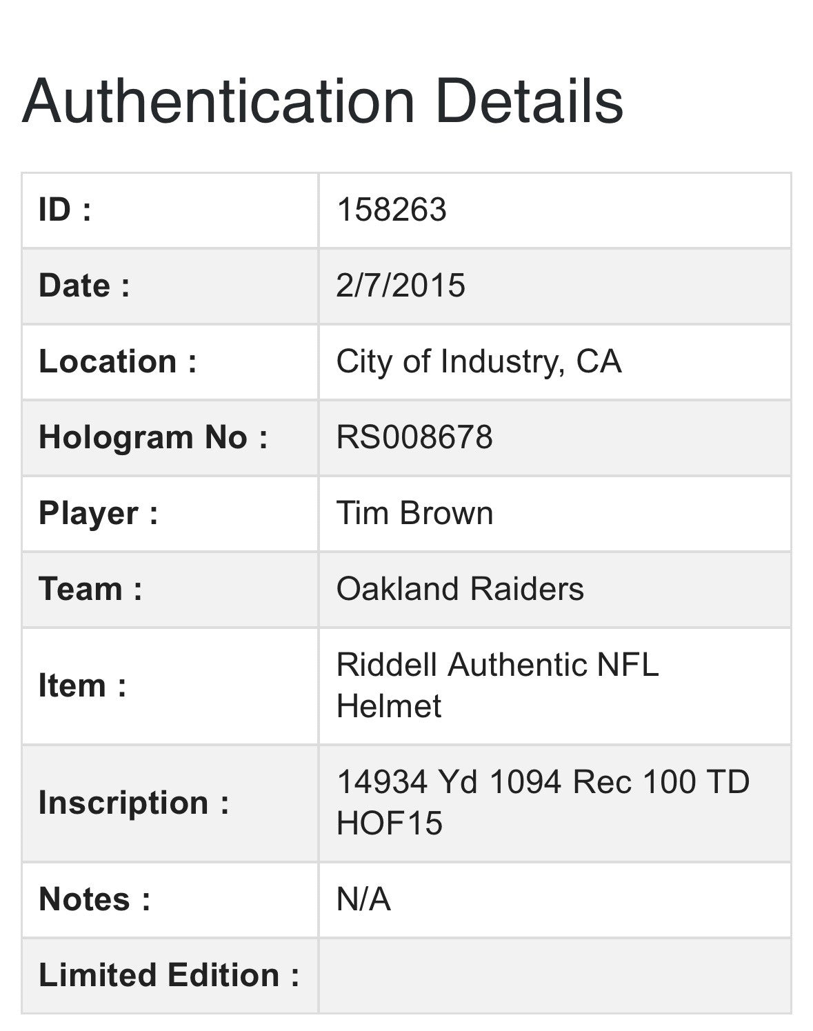 Tim Brown Signed Raiders Pro Line Authentic FS Helmet 4 Stat Auto Radtke COA HOF