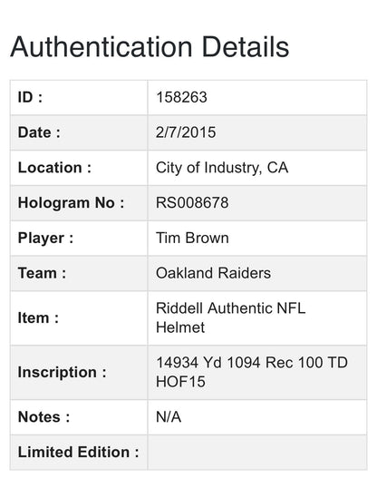 Tim Brown Signed Raiders Pro Line Authentic FS Helmet 4 Stat Auto Radtke COA HOF