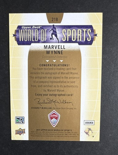 2011 Upper Deck World Of Sports MLS  Marvell Wynne 218 Mint Auto Colorado Rapids