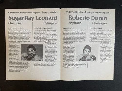 SUGAR RAY LEONARD ROBERTO DURAN OFFICIAL Canadien Fight Program Montreal 1980