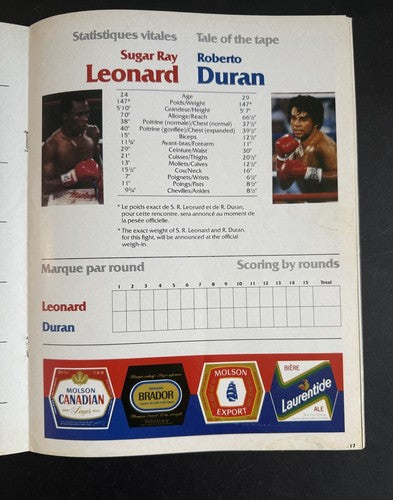SUGAR RAY LEONARD ROBERTO DURAN OFFICIAL Canadien Fight Program Montreal 1980