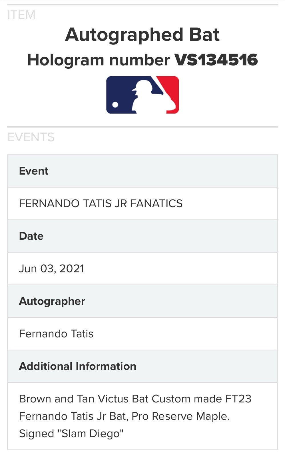Fernando Tatis Jr Padres Signed Victus Game Bat Slam Diego Auto Fanatics & MLB