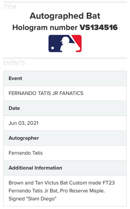 Fernando Tatis Jr Padres Signed Victus Game Bat Slam Diego Auto Fanatics & MLB