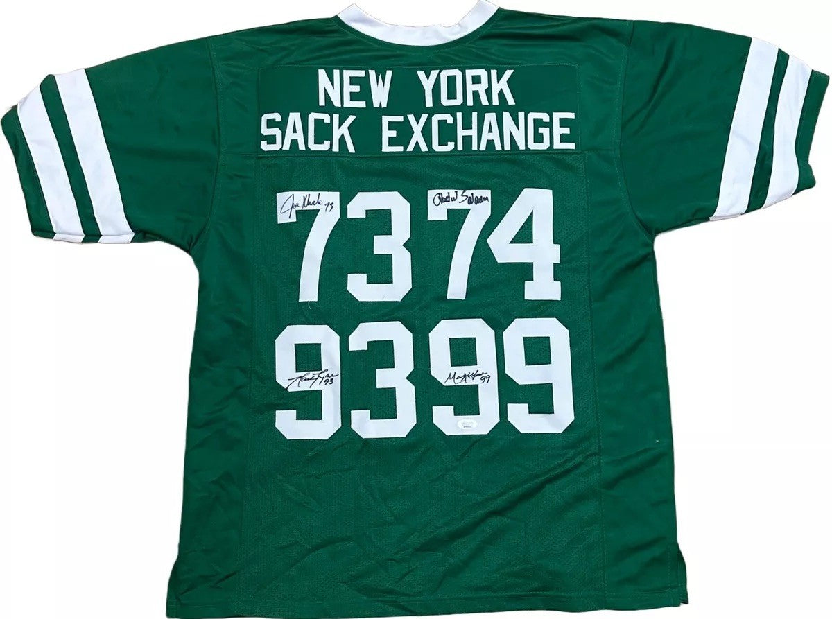 NY Sack Exchange Multi Signed Jets Jersey Klecko Gastineau Lyons Salaam Auto JSA