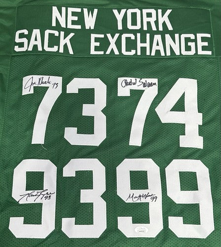 NY Sack Exchange Multi Signed Jets Jersey Klecko Gastineau Lyons Salaam Auto JSA