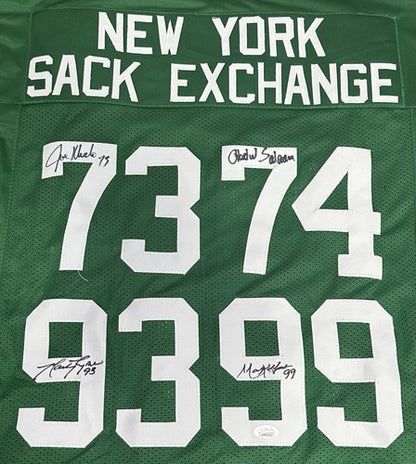 NY Sack Exchange Multi Signed Jets Jersey Klecko Gastineau Lyons Salaam Auto JSA