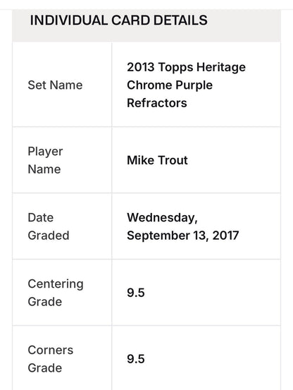 2013 Topps Heritage Chrome Mike Trout Purple Refractors BGS 9.5 Gem Mint Angels