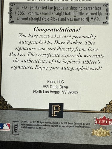 2006 Fleer Greats of the Game Dave Parker #24 VERY RARE SP MINT AUTO Pirates HOF